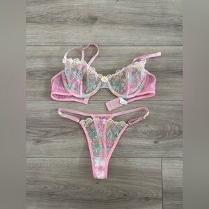 Pink Floral Embroidered Lingerie Set